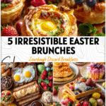 A colorful Easter Brunch Buffet Menu with spring pastries and fruit for an Easter Breakfast Potluck spread